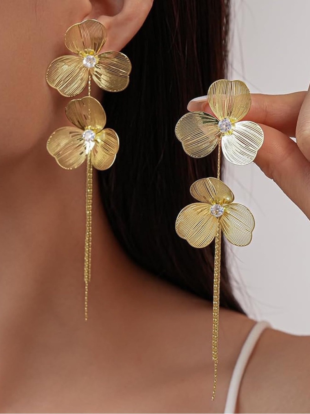 Gold Floral Drop Earrings with Crystal Centers